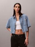 Blue Boxy Cropped Denim Shirt Vintage  Women