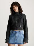 Black Ribbed Cotton Zip Up Cardigan  Women