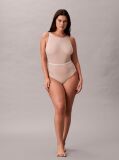 Beige Shapewear Mid Thigh Bodysuit - Minimalist Mesh  Women