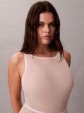 Beige Shapewear Mid Thigh Bodysuit - Minimalist Mesh  Women