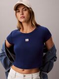 Blue Slim Ribbed Cotton Badge T-shirt  Women