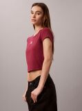 Red Slim Ribbed Cotton Badge T-shirt  Women