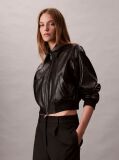 Black Faux Leather Cropped Bomber Jacket  Women