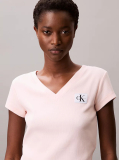 Ροζ Ριμπ Βαμβακερό T-shirt Με V Λαιμόκοψη  Γυναίκα