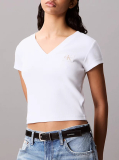 Λευκό Ριμπ Βαμβακερό T-shirt Με V Λαιμόκοψη  Γυναίκα