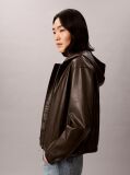 Brown Faux Leather Hooded Jacket  Women