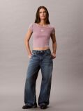 Ροζ Στενό Ριμπ T-shirt Από Βαμβάκι Με Επεξεργασία Washed  Γυναίκα