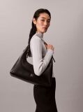 Black Monogram Logo Emblem Leather Shoulder Bag  Women