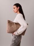 Beige Embossed Emblem Logo Sueded Tote Bag  Women