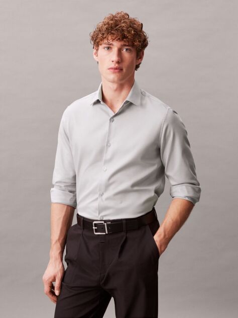 Grey Slim Fit Essential Stretch Poplin Shirt  Men