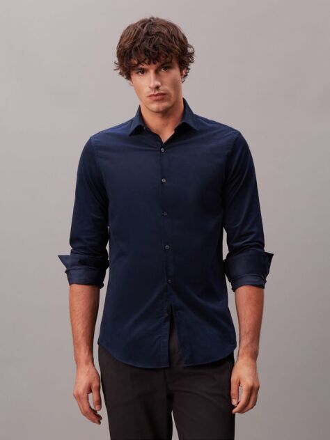 Blue Slim Fit Cutaway Collar Corduroy Shirt  Men