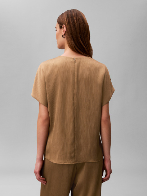 Brown Plissé Keyhole Short Sleeve Top  Women
