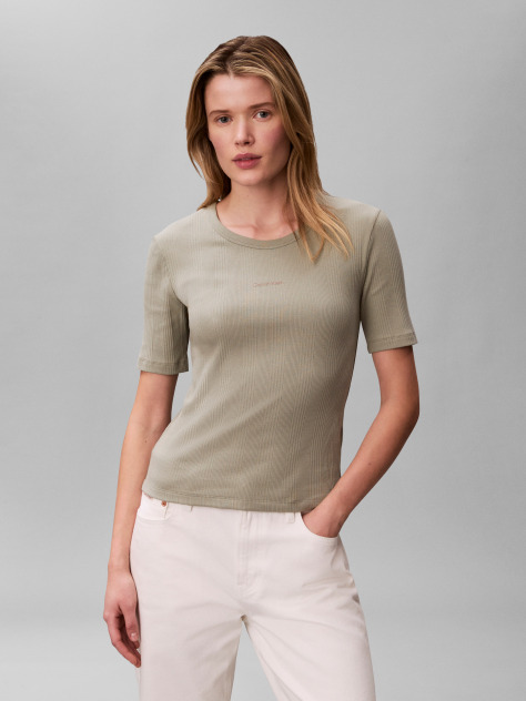 Πράσινο Ριμπ T-Shirt Με Half Μανίκι  Γυναίκα