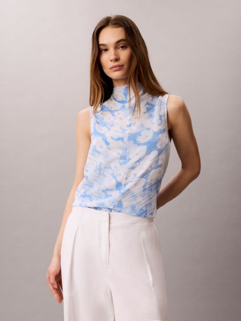 Multi Printed Plisse Mock Neck Sleeveless Top  Women