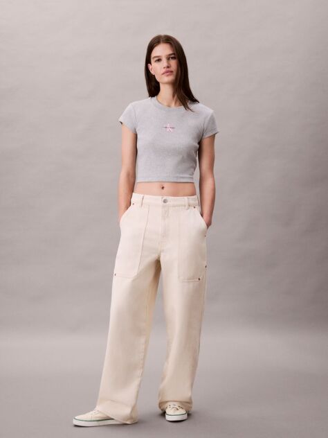 Γκρι Cropped T-shirt Με Μονόγραμμα Σε Στενή Γραμμή  Γυναίκα