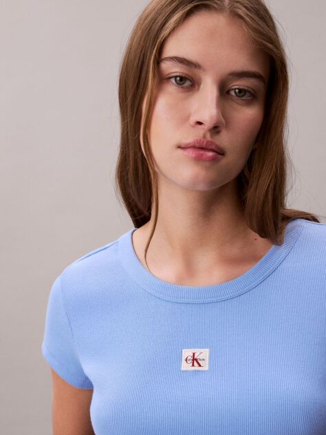 Μπλε T-Shirt Σε Slim Γραμμή Και Βαμβακερό Ριμπ  Γυναίκα