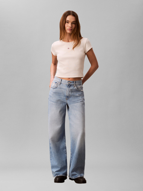 Λευκό T-Shirt Σε Slim Γραμμή Και Βαμβακερό Ριμπ  Γυναίκα