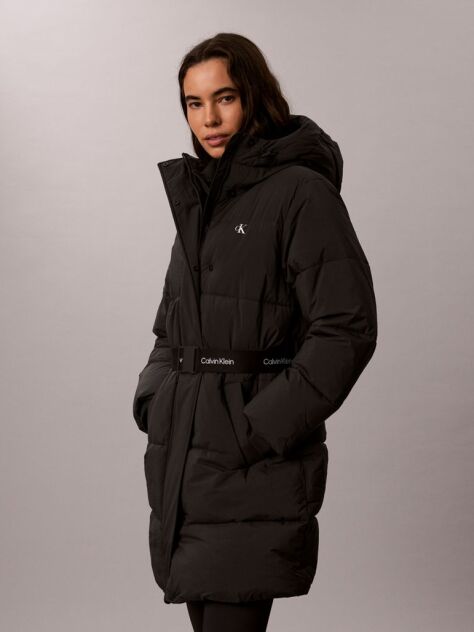 Black Logo Belt Hooded Puffer Coat  Women