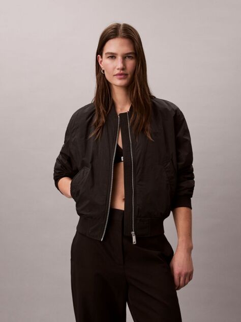 Black Lightly Padded Nylon Bomber Jacket  Women