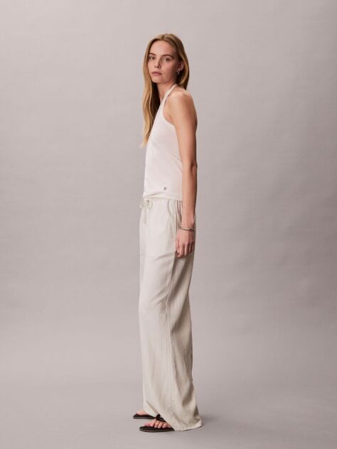 White Linen Blend Wide Leg Trousers  Women