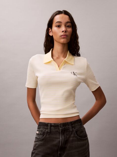 Yellow Slim Ribbed Stripe Polo Shirt  Women