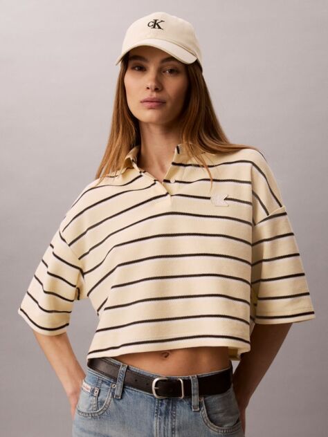 Beige Stripe Cropped Boxy Polo Shirt  Women
