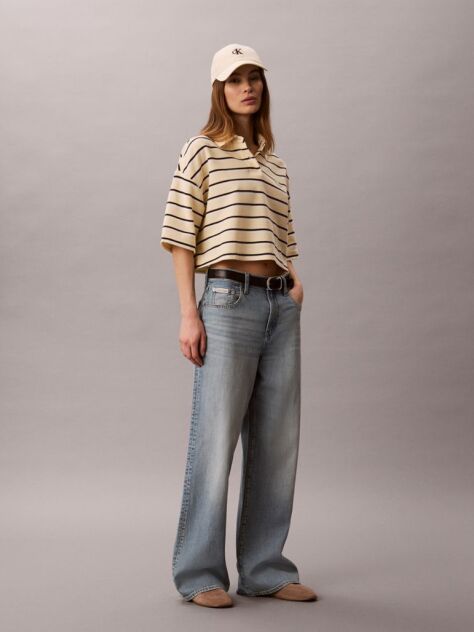 Beige Stripe Cropped Boxy Polo Shirt  Women