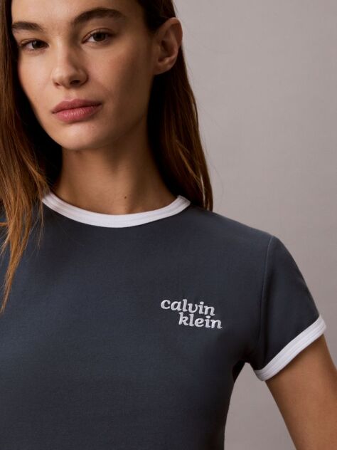 Blue Embroidered Logo Ringer T-shirt  Women