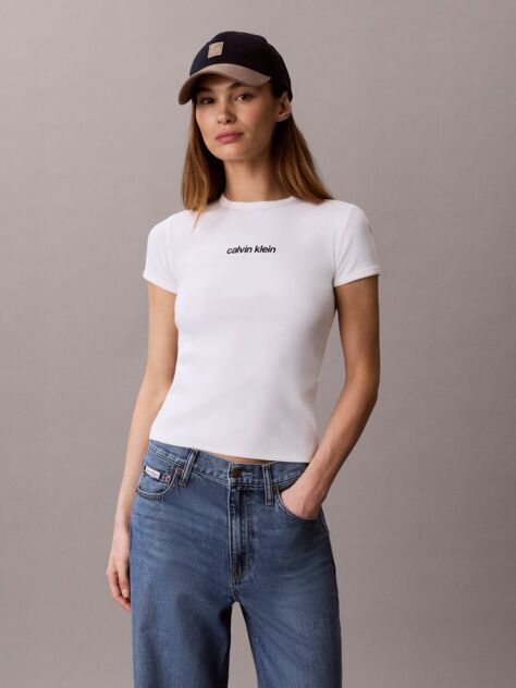 Λευκό Ριμπ T-Shirt Με Κεντημένο Λογότυπο  Γυναίκα