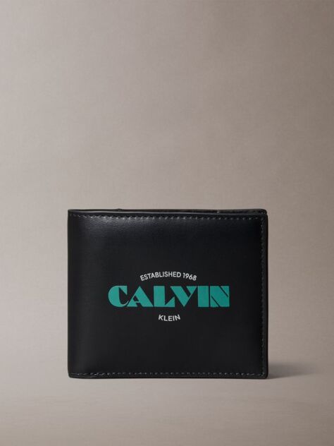 Black Leather Logo Graphic Coin Pocket Wallet  Men