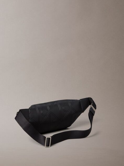 Black Embossed Allover Emblem Logo Bum Bag  Men