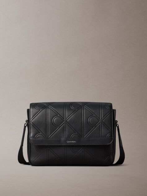 Black Embossed Logo Flap Messenger Bag  Men
