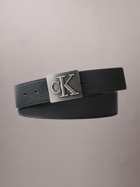 Black Pebble Grain Leather Monogram Plaque Belt  Men