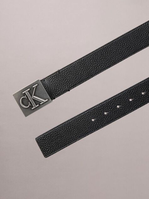 Black Pebble Grain Leather Monogram Plaque Belt  Men