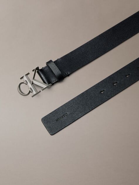 Black Leather Faceted Monogram Buckle Belt  Men