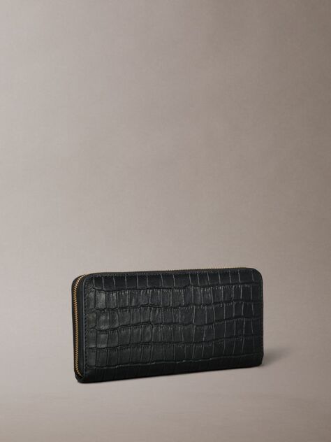 Black Leather Croc-Effect RFID Zip-Around Wallet  Women