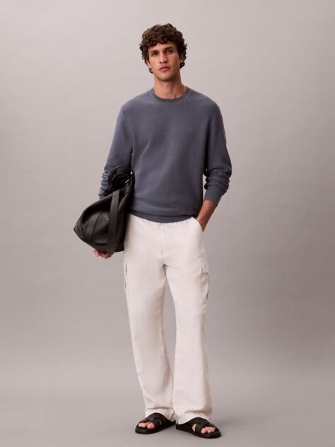 Grey Textured Knit Crew Neck Jumper  Men