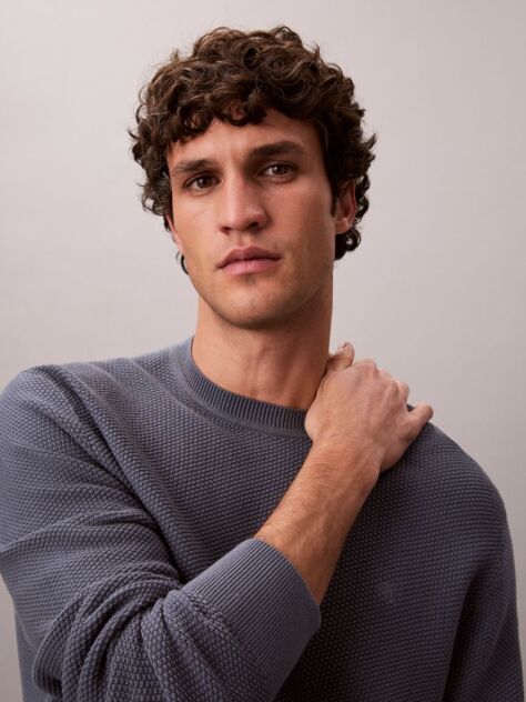 Grey Textured Knit Crew Neck Jumper  Men