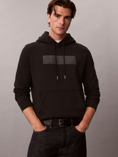 Black Logo Graphic Embroidery Fleece Hoodie  Men