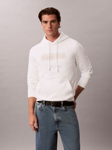 White Logo Graphic Embroidery Fleece Hoodie  Men