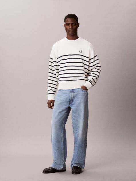 White Relaxed Cotton Stripe Jumper  Men