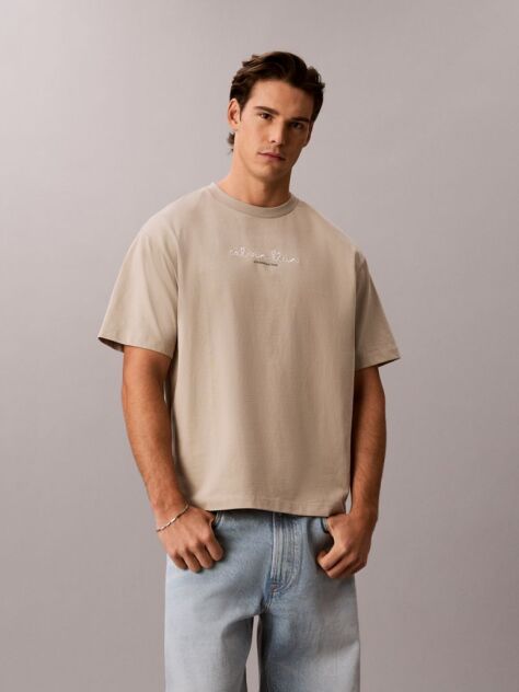 Beige Logo Graphic Crew Neck T-Shirt  Men