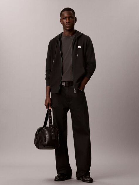 Black Sueded Terry Zip-Thru Drawstring Hoodie  Men