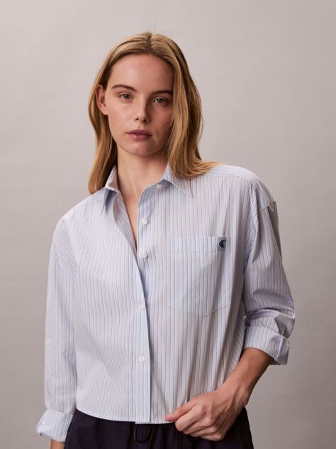 Blue Cropped Cotton Poplin Stripe Shirt  Women