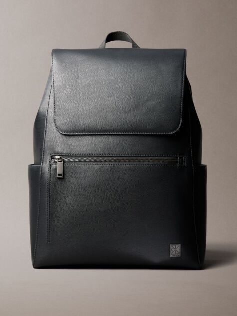 Black Emblem Hardware Flap Closure Backpack  Men