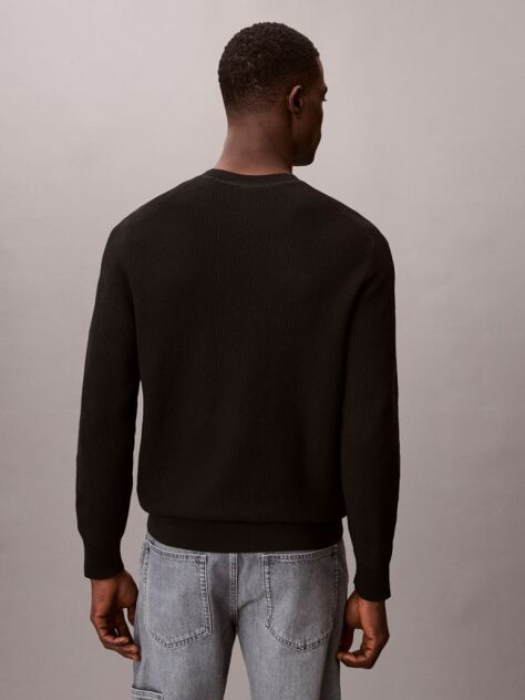 Black Textured Knit Crew Neck Jumper  Men