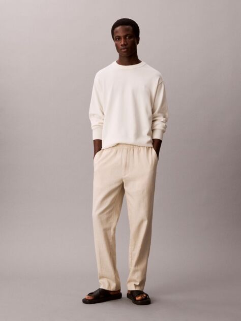 Beige Linen Cotton Drawstring Trousers  Men