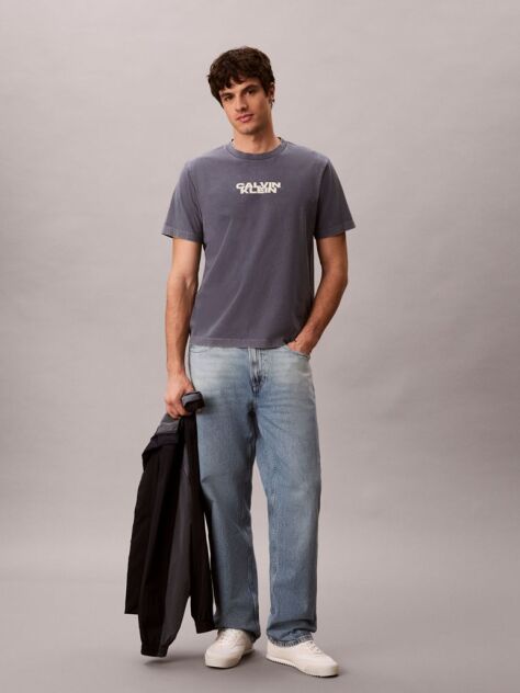 Blue Logo Graphic Washed Crew Neck T-Shirt  Men
