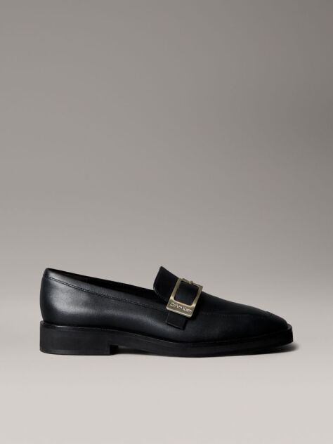 Black Leather Apron Toe Loafers  Women