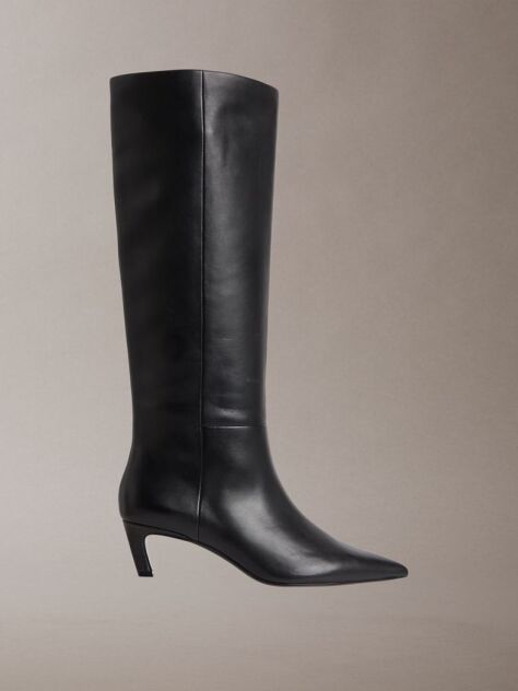 Black Leather Kitten Heel Tall Zip Boots  Women